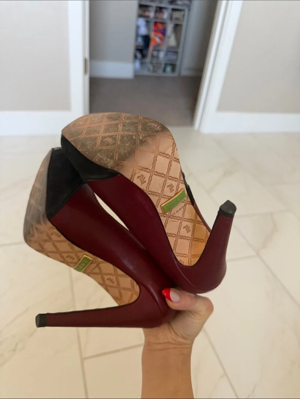 L.A.M.B. Burgundy and Black Button-Accent High Heels